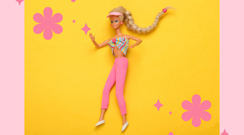 A Barbie doll on a yellow background.